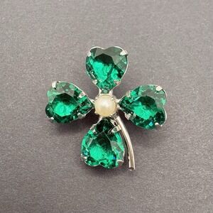 Vintage B David Four Leaf Clover Brooch Green Crystals Faux Pearl Lucky Dainty